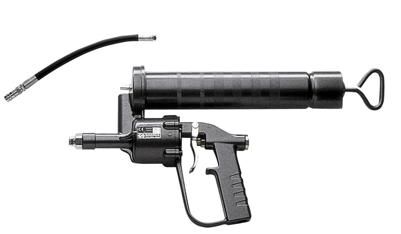 SAMOA 500cc Hand Held Air Operated Grease Pump with Double Braid Hose & 4-Jaw Connector Roladex UK