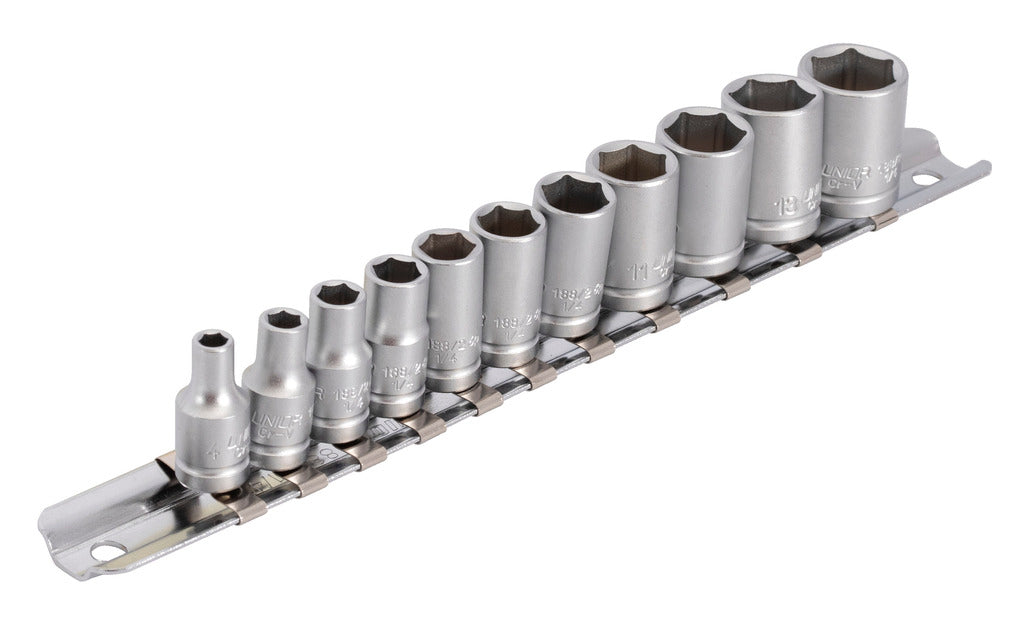 Unior | 629699 | Socket set 1/4" on rail - 4-14/11
