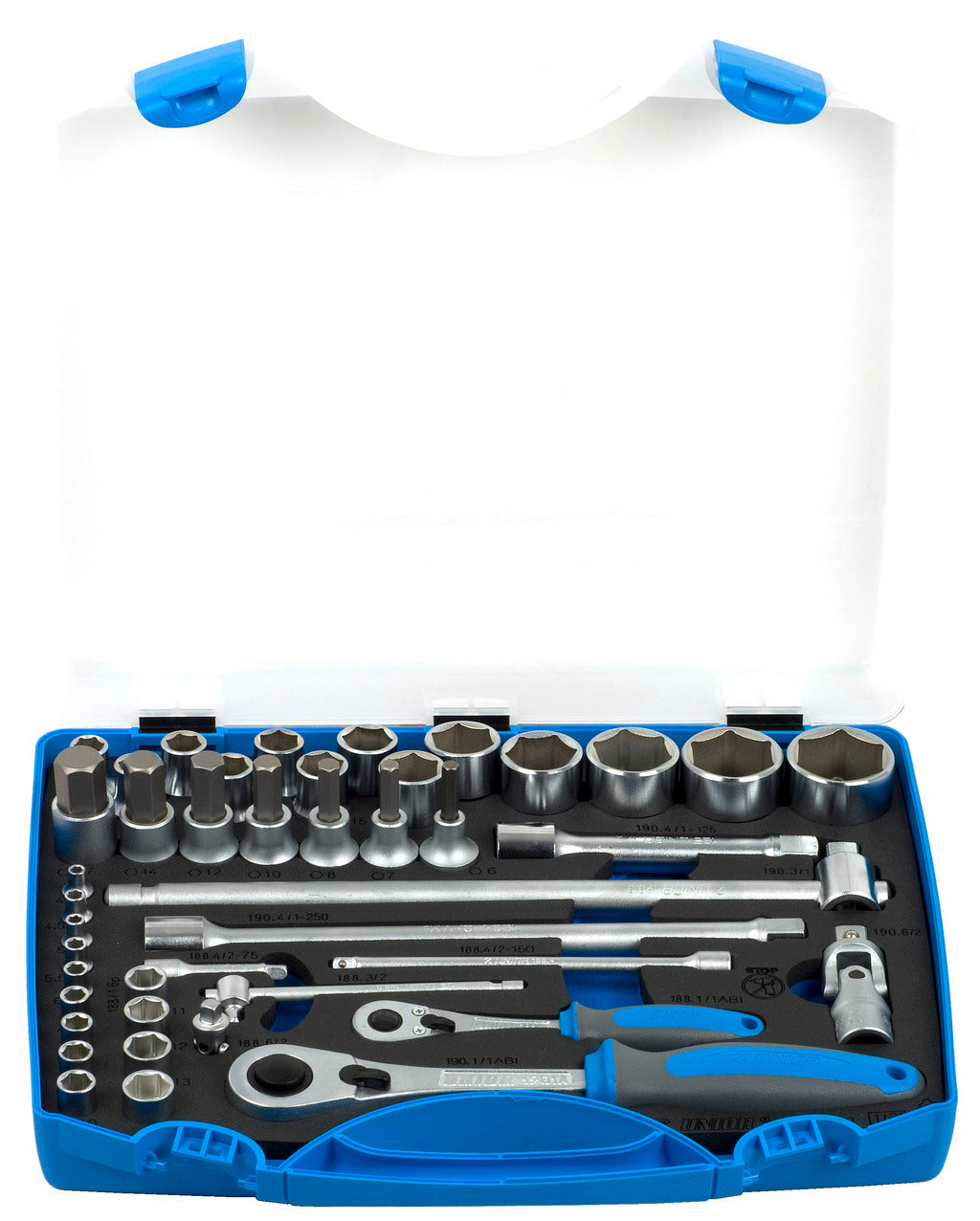 Unior | 611944 | Socket set 1/2" and 1/4" in plastic box - /43