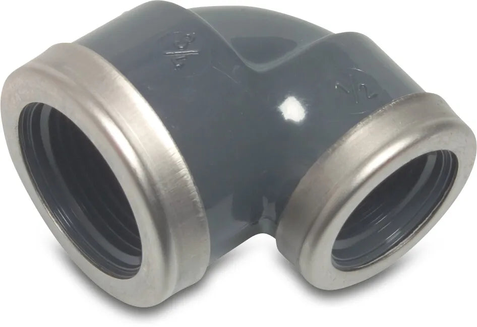 Profec Elbow 90° Pvc-U 3/4" x 1/2" Female Thread 10Bar Grey With Stainless Steel Ring Type Reinforced | Profec | UK Supplier | Roladex