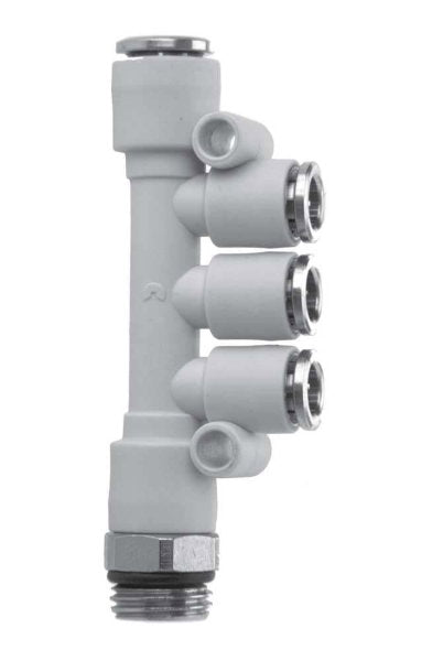 Image of 7542 8-6-1/4 - Technopolymer fitting multi T 8mm 3x6mm tube 1/4 thread (Pack of 5) - Camozzi | Roladex UK