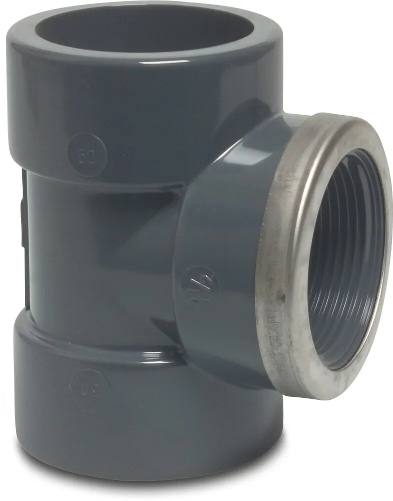 Profec T-Piece 90° Pvc-U 63mm x 2" x 63mm Glue Socket x Female Thread x Glue Socket 16Bar Grey With Stainless Steel Ring Type Reinforced | Profec | UK Supplier | Roladex