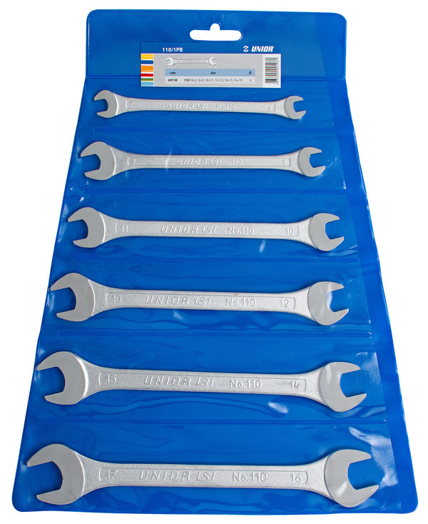 Set of open end wrenches in plastic wallet, 6 - 17/6