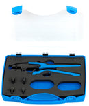 Set of grip crimp pliers with exchangeable jaws in plastic box
