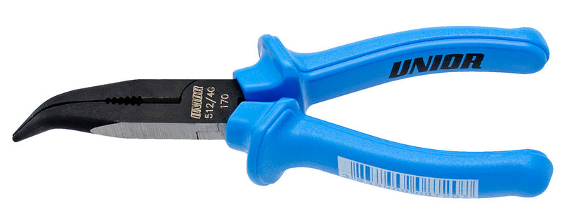 Long nose pliers with side cutter and pipe grip, bent, 200