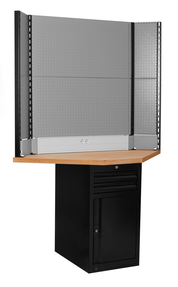Tech Corner Bench with narrow cabinet and back panel