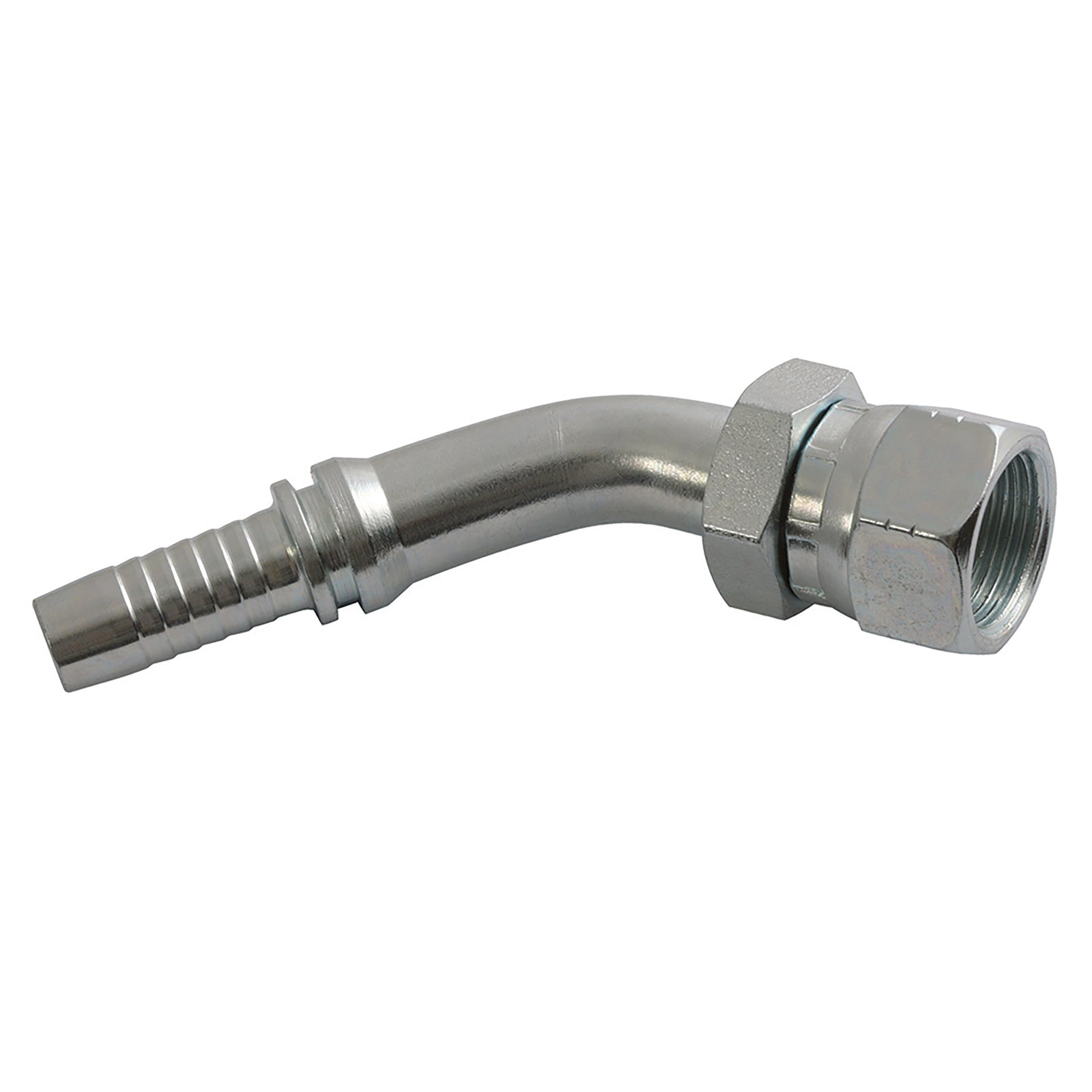 FT Pro JISM224508CF - M22 Metric Female (Komatsu Style) X Hose Tail 45° Swept Elbow