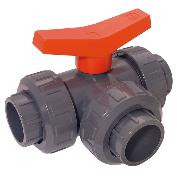 1.1/4" ID UPVC BALL VALVE L-PORT 3-WAY; BVL13-114-PVC product image by Comer