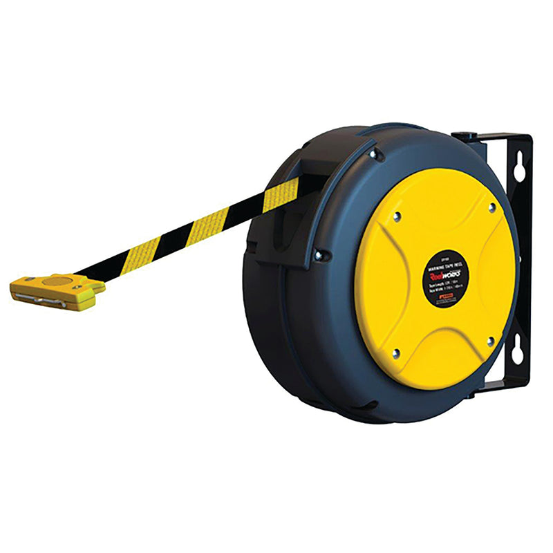 Warning Tape Barrier Reel, Constructed in high impact UV stabilised polypropylene, Tape capacity: 16m, Tape width: 48mm, Tape colour: Yellow / Black, Reel dimensions: W: 155mm x D: 308mm x H: 234mmm, Approx weight: 2.9kg; SR100-05 product image by Redashe