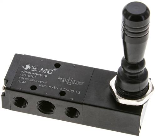 H 532-08 ES EMC   5/3-way hand lever valve, g 1/4", center position vented, spring return