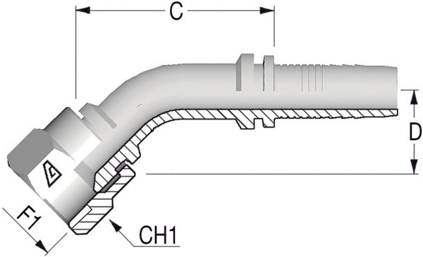 7/8" -14 JIC 45deg Female Elbow x 5/8 Hose