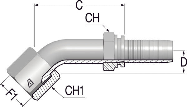 Female 45deg  9/16" -18 JIC  1/4 Hose